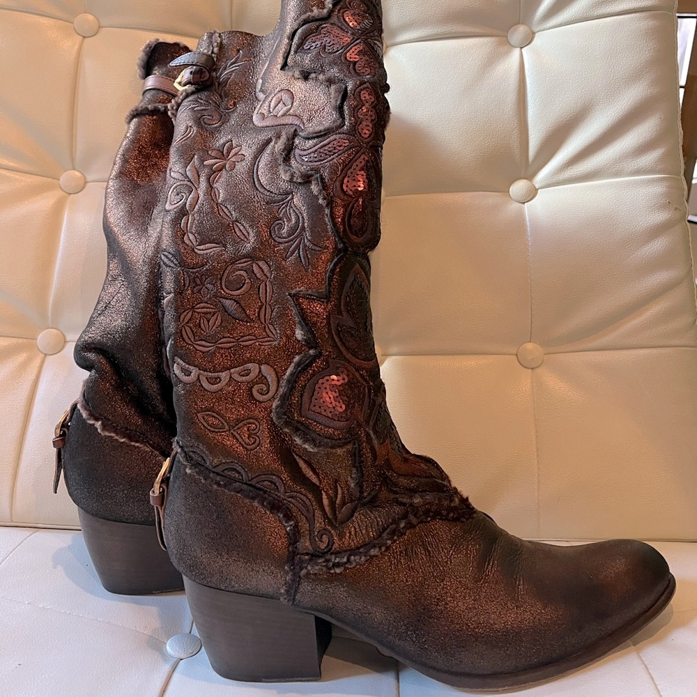Giancarlo Paoli copper cowboy boots with shearling - made in Italy, size 39-US 9